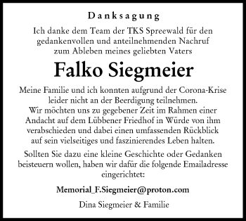 Traueranzeige von Falko Siegmeier von lausitzer_rundschau