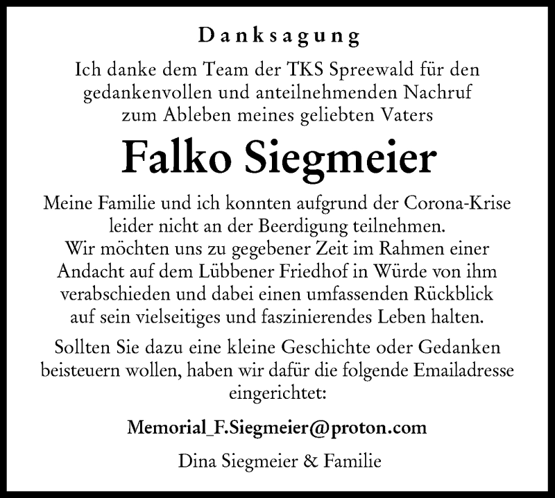  Traueranzeige für Falko Siegmeier vom 21.08.2021 aus lausitzer_rundschau