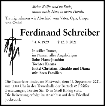 Traueranzeige von Ferdinand Schreiber von lausitzer_rundschau