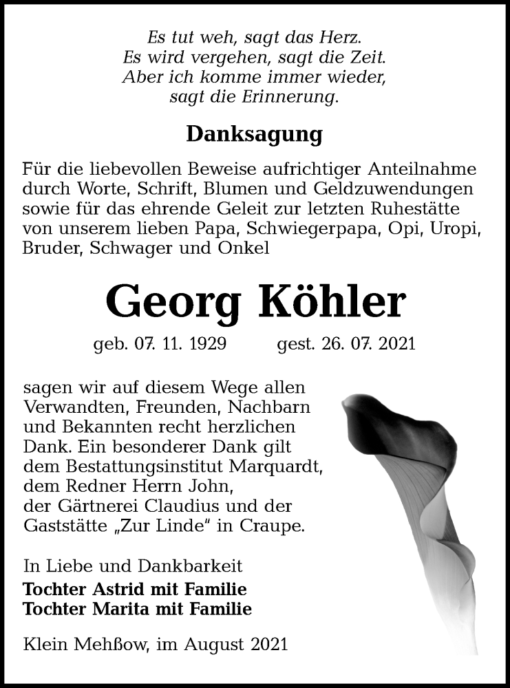  Traueranzeige für Georg Köhler vom 28.08.2021 aus lausitzer_rundschau
