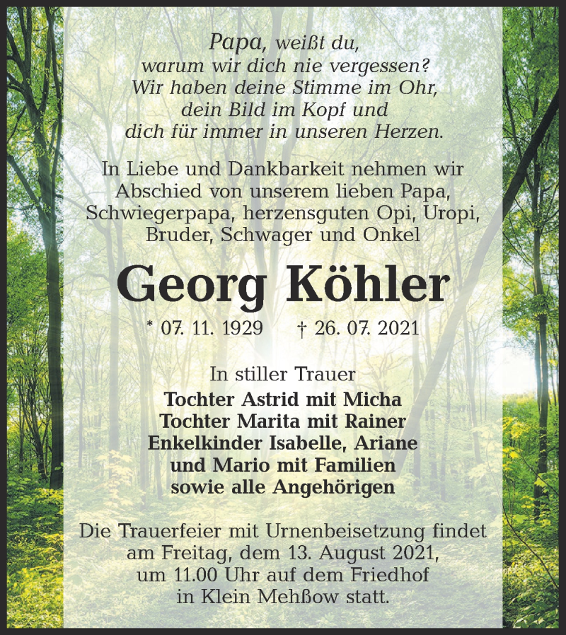  Traueranzeige für Georg Köhler vom 07.08.2021 aus lausitzer_rundschau