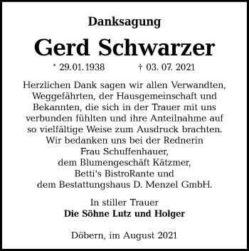 Traueranzeige von Gerd Schwarzer von lausitzer_rundschau