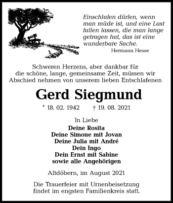 Traueranzeige von Gerd Siegmund von lausitzer_rundschau
