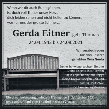 Traueranzeige von Gerda Eitner von lausitzer_rundschau