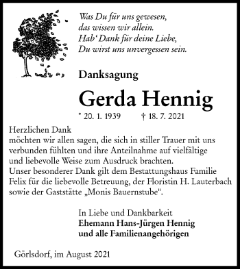 Traueranzeige von Gerda Hennig von lausitzer_rundschau
