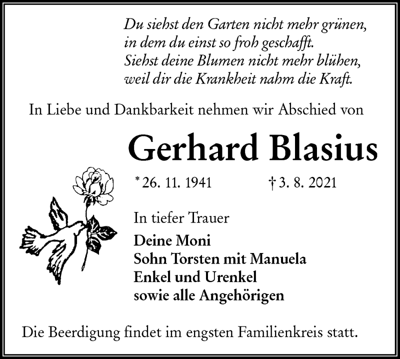  Traueranzeige für Gerhard Blasius vom 06.08.2021 aus lausitzer_rundschau