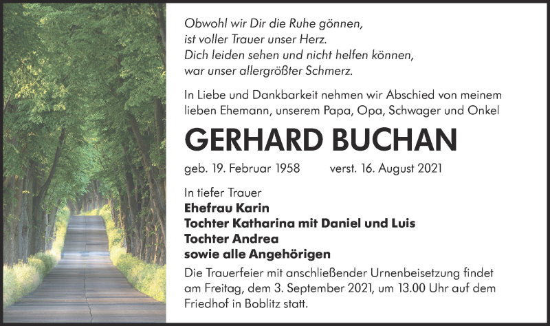  Traueranzeige für Gerhard Buchan vom 21.08.2021 aus lausitzer_rundschau