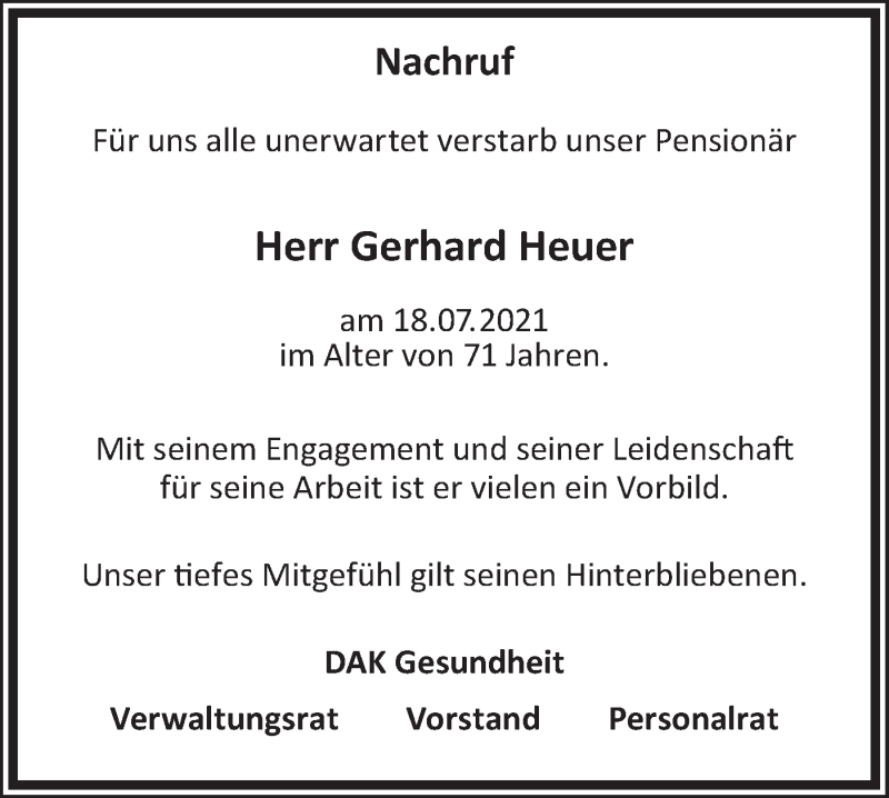  Traueranzeige für Gerhard Heuer vom 07.08.2021 aus lausitzer_rundschau