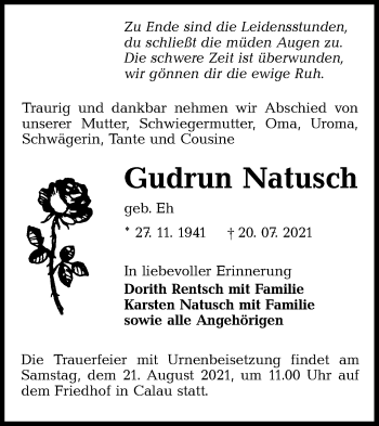 Traueranzeige von Gudrun Natusch von lausitzer_rundschau