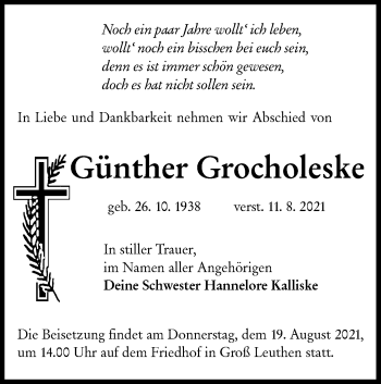 Traueranzeige von Günther Grocholeske von lausitzer_rundschau