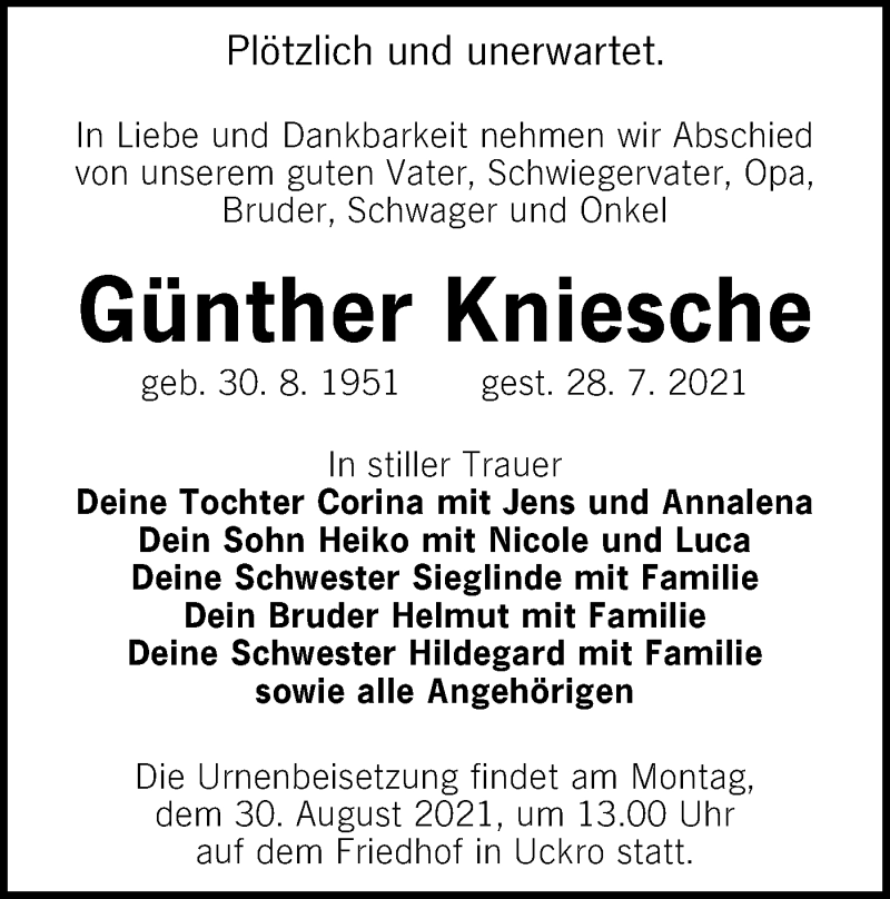  Traueranzeige für Günther Kniesche vom 07.08.2021 aus lausitzer_rundschau
