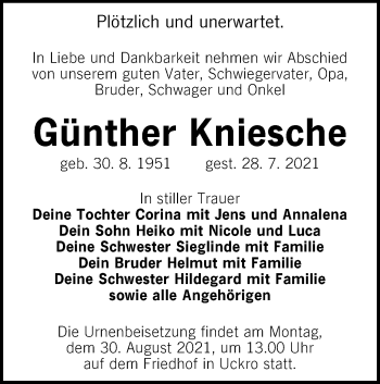 Traueranzeige von Günther Kniesche von lausitzer_rundschau