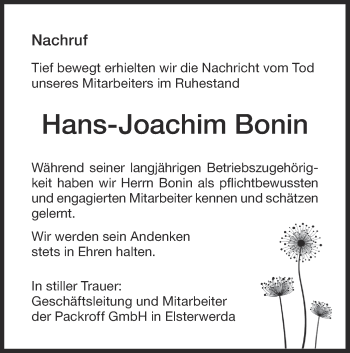 Traueranzeige von Hans- Joachim Bonin von lausitzer_rundschau