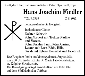 Traueranzeige von Hans Joachim Fiedler von lausitzer_rundschau