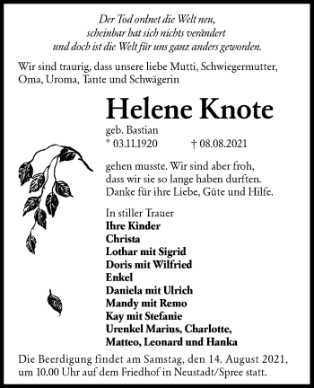 Traueranzeige von Helene Knote von lausitzer_rundschau