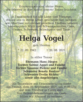 Traueranzeige von Helga Vogel von lausitzer_rundschau