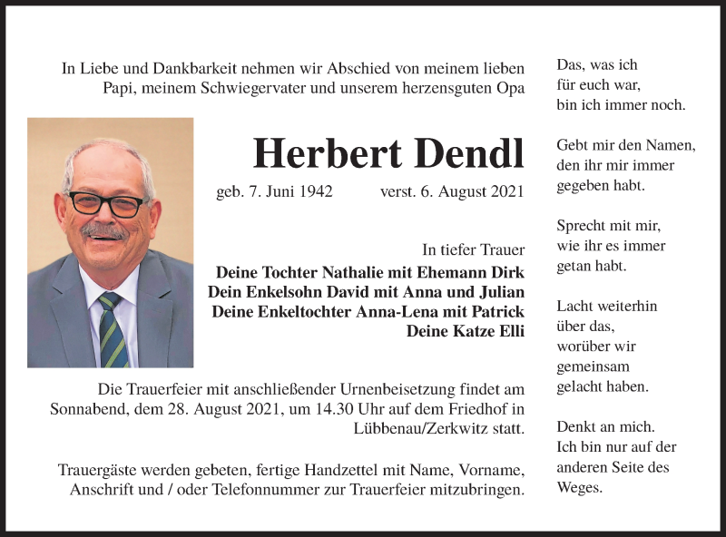  Traueranzeige für Herbert Dendl vom 21.08.2021 aus lausitzer_rundschau