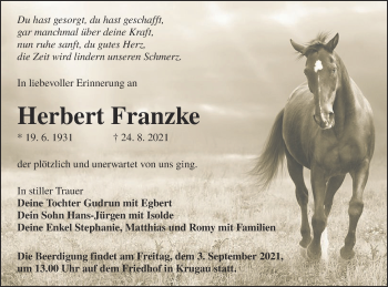 Traueranzeige von Herbert Franzke von lausitzer_rundschau