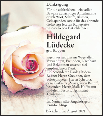 Traueranzeige von Hildegard Lüdecke von lausitzer_rundschau