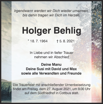 Traueranzeige von Holger Behlig von lausitzer_rundschau