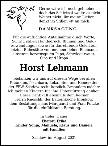 Traueranzeige von Horst Lehmann von lausitzer_rundschau
