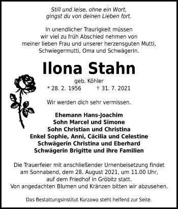 Traueranzeige von Ilona Stahn von lausitzer_rundschau