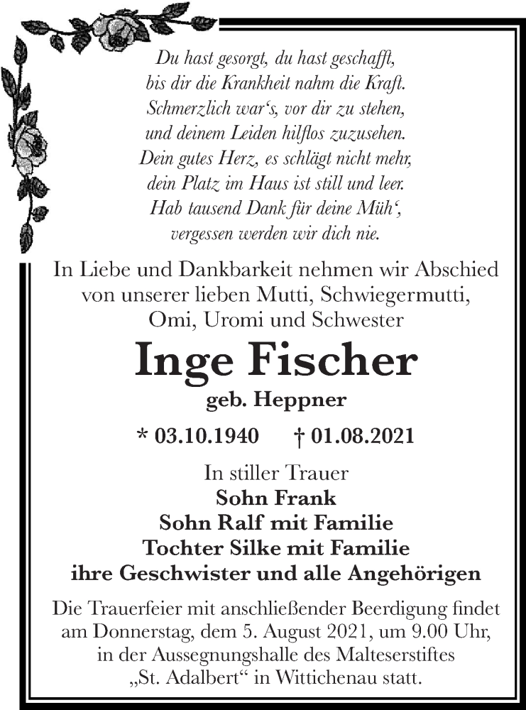  Traueranzeige für Inge Fischer vom 04.08.2021 aus lausitzer_rundschau