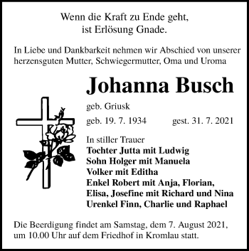 Traueranzeige von Johanna Busch von lausitzer_rundschau