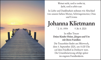 Traueranzeige von Johanna Klietmann von lausitzer_rundschau