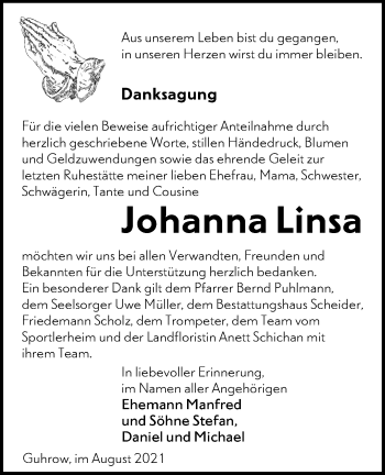 Traueranzeige von Johanna Linsa von lausitzer_rundschau