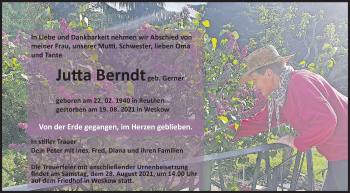 Traueranzeige von Jutta Berndt von lausitzer_rundschau
