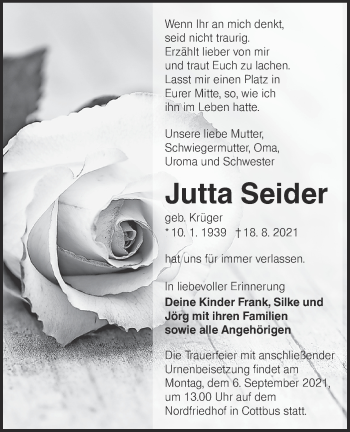 Traueranzeige von Jutta Seider von lausitzer_rundschau