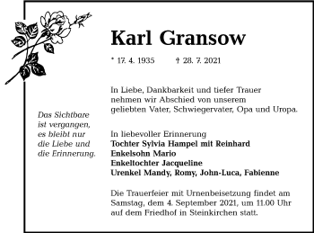 Traueranzeige von Karl Gransow von lausitzer_rundschau