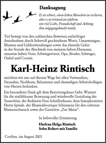 Traueranzeige von Karl-Heinz Rintisch von lausitzer_rundschau