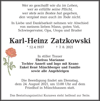 Traueranzeige von Karl-Heinz Zatzkowski von lausitzer_rundschau