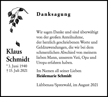 Traueranzeige von Klaus Schmidt von lausitzer_rundschau