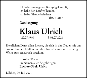 Traueranzeige von Klaus Ulrich von lausitzer_rundschau