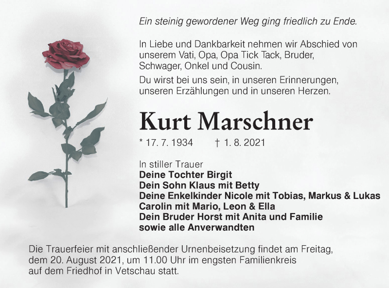  Traueranzeige für Kurt Marschner vom 14.08.2021 aus lausitzer_rundschau