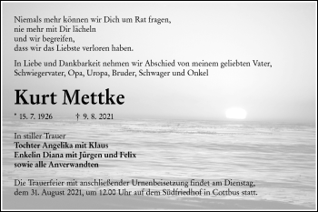 Traueranzeige von Kurt Mettke von lausitzer_rundschau