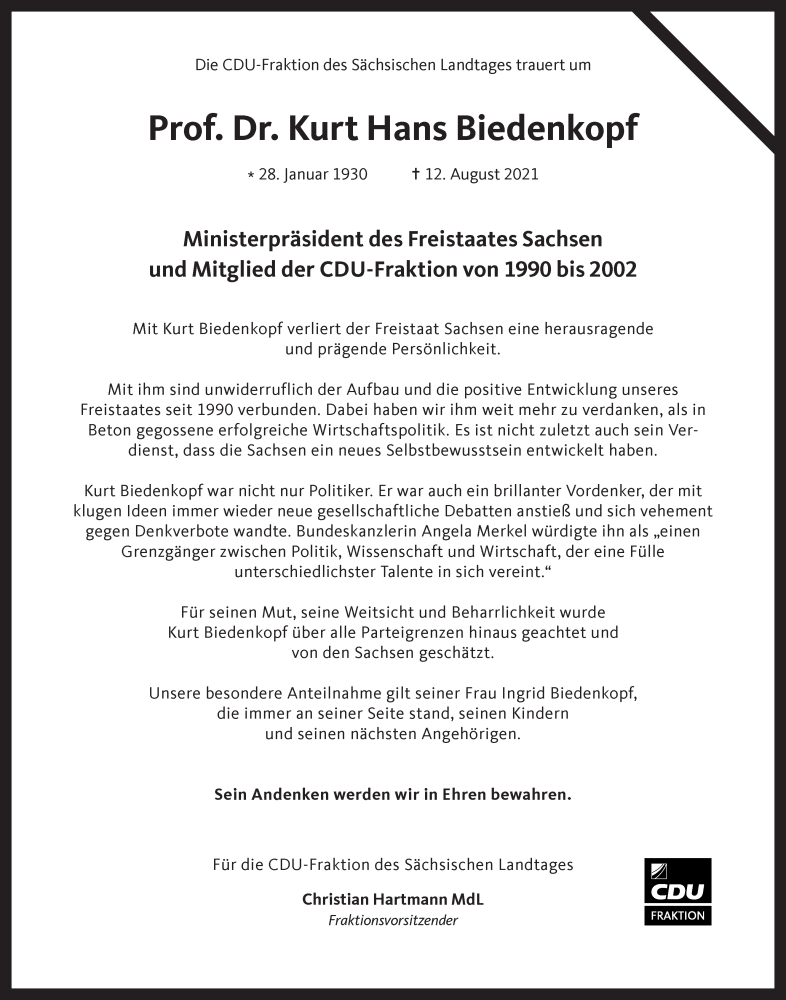  Traueranzeige für Kurt Hans Biedenkopf vom 21.08.2021 aus lausitzer_rundschau