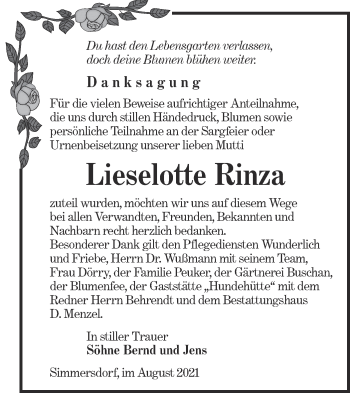 Traueranzeige von Lieselotte Rinza von lausitzer_rundschau