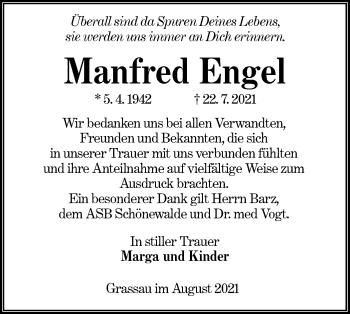 Traueranzeige von Manfred Engel von lausitzer_rundschau