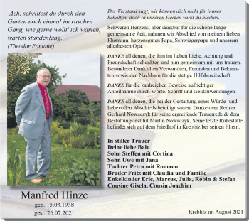 Traueranzeige von Manfred Hinze von lausitzer_rundschau