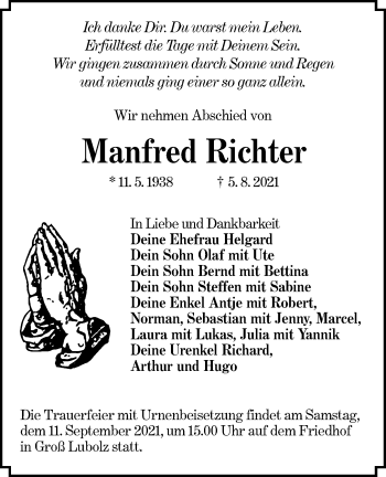 Traueranzeige von Manfred Richter von lausitzer_rundschau