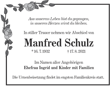 Traueranzeige von Manfred Schulz von lausitzer_rundschau
