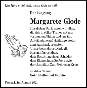 Traueranzeige von Margarete Glode von lausitzer_rundschau