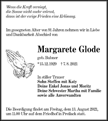 Traueranzeige von Margarete Glode von lausitzer_rundschau