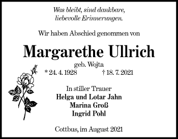 Traueranzeige von Margarethe Ullrich von lausitzer_rundschau