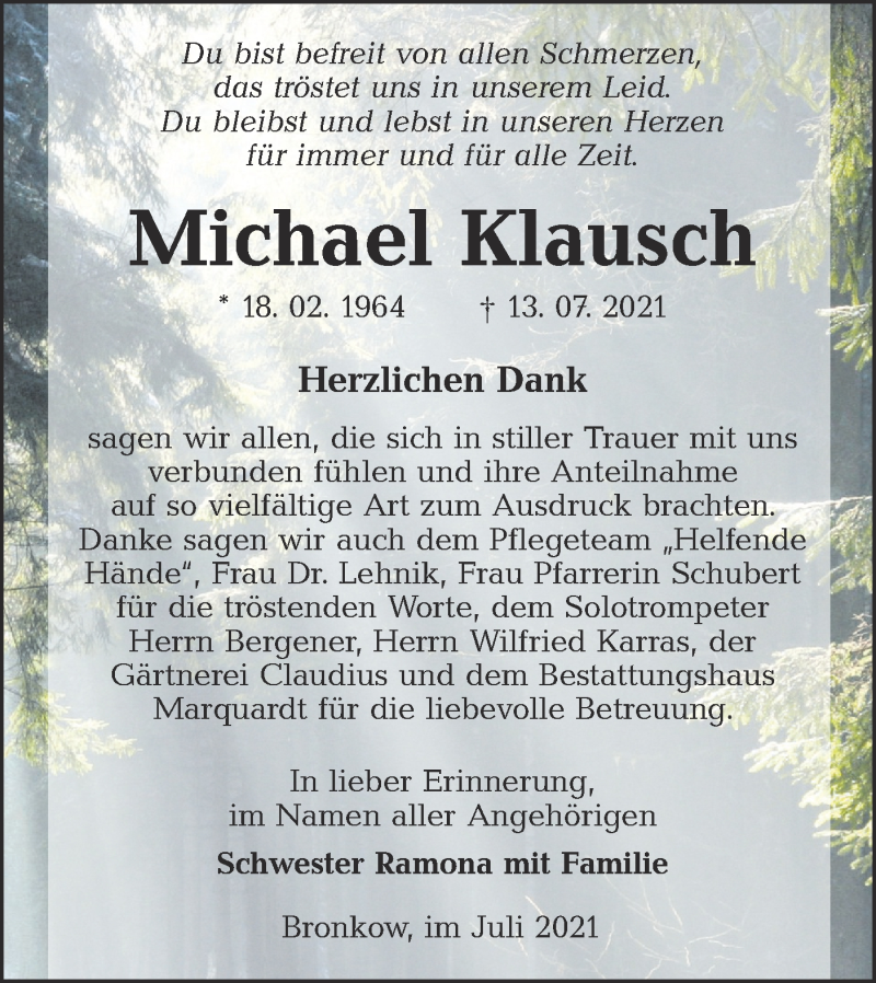  Traueranzeige für Michael Klausch vom 14.08.2021 aus lausitzer_rundschau