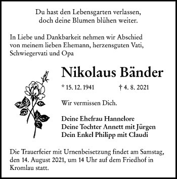 Traueranzeige von Nikolaus Bänder von lausitzer_rundschau
